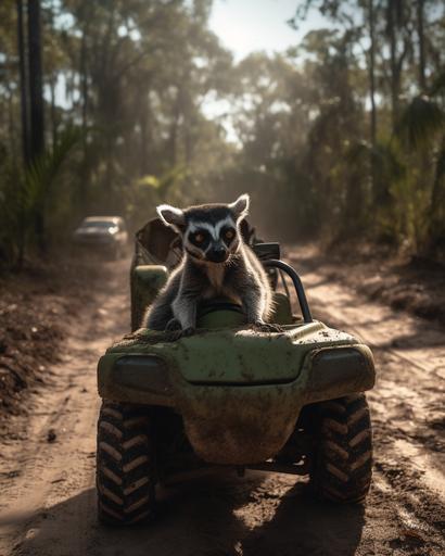 A photograph of a bright-eyed lemur driving a faded John Deer Gator through a dirt track in the South Carolina Woods, photorealism, volumetric sunlight, vibrant, cinematic, imaged using Hasselblad X2D 100C 100MP Mirrorless Camera --ar 8:10 --v 5 --q 5