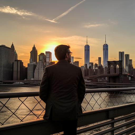 A photograph of a contemplative lawyer gazing at the city skyline from the Brooklyn Bridge at sunset, taken with a smartphone camera using a wide-angle lens.