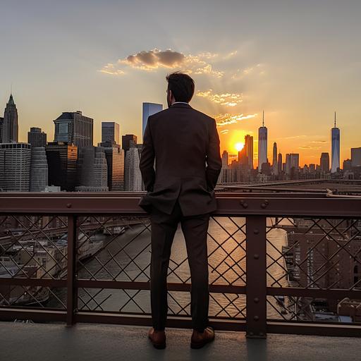 A photograph of a contemplative lawyer gazing at the city skyline from the Brooklyn Bridge at sunset, taken with a smartphone camera using a wide-angle lens.