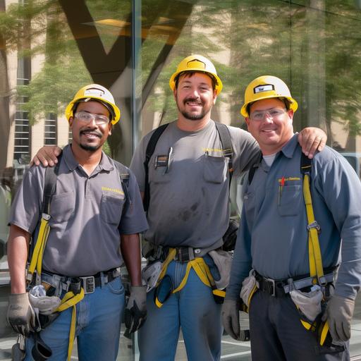 A photograph of a group of four maintenance technicians wearing gray long sleeve shirts, yellow protective helmet and tool belts, smiling at the camera, crossing their arms in front of their chests, and standing in a line next to each other in front of a building glass facade in Sunny day