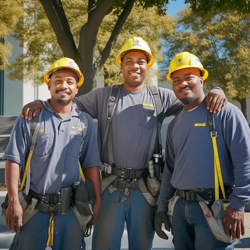 A photograph of a group of four maintenance technicians from different races wearing gray long sleeve shirts, yellow protective helmet and tool belts, smiling at the camera, crossing their arms in front of their chests, and standing in a line next to each other in front of a building in Sunny day