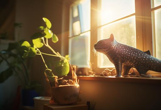 A photograph of a peaceful cat sitting inside a house, the sunlight from a window shining over him, tiny toy model of a whaleshark beside him --ar 16:11