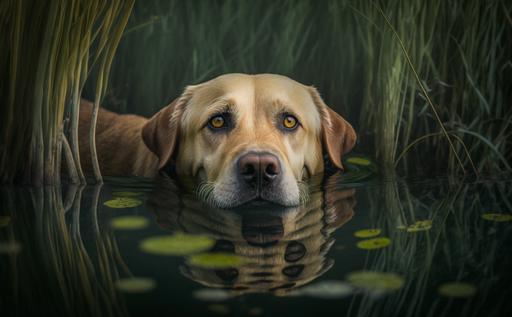 A photograph of a yellow Labrador Retriever swimming in a murky swamp, surrounded by tall grass, reflection in the water, dynamic, detailed, 12k, Sony A7R IV, natural lighting, 70-200mm lens --ar 16:10 --stylize 500 --q 2