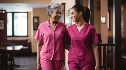A photograph of a young female caregiver wearing pink scrubs, helping an elderly woman walk wearing regular clothes, in the elder home vibrant colorism --ar 128:71