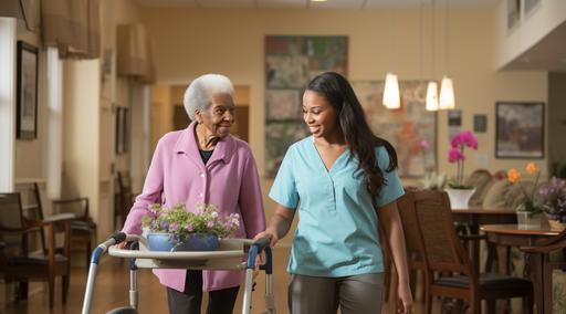 A photograph of a young female caregiver wearing pink scrubs, helping an elderly woman walk with her walker wearing blue flower shirt and khaki pants, in the elder home vibrant colorism --ar 128:71