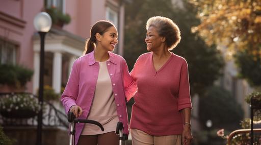 A photograph of a young female caregiver wearing pink scrubs, helping an elderly woman walk wearing regular clothes, in the elder home vibrant colorism --ar 128:71