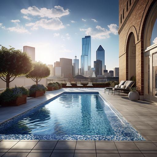 A photograph of an Architectural pool terrace in between two brick buildings, with a Dallas downtown view from the distance, people movement, vivid Fine lines, Photo realistic