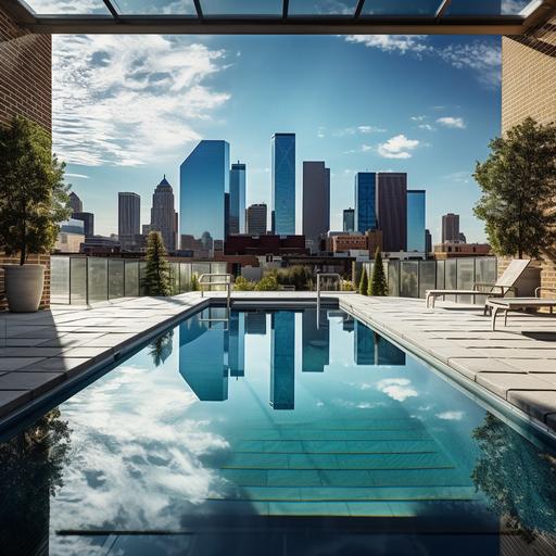 A photograph of an Architectural pool terrace in between two brick buildings, with a Dallas downtown view from the distance, people movement, vivid, eye level view, symetrical point of view, Fine lines, Photo realistic