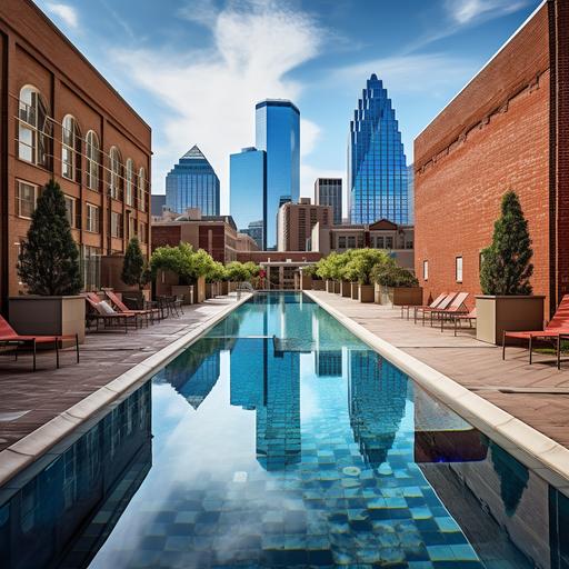 A photograph of an Architectural pool terrace in between two brick buildings, with a Dallas downtown view from the distance, people movement, vivid, eye level view, 3/4 point of view, Fine lines, Photo realistic