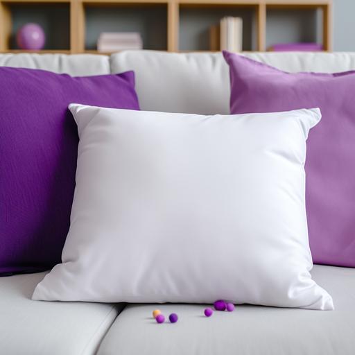 A photograph of one blank polyester square white pillow on sofa, purple living room, styled photography, the background has purple books and a window, Sharp details, the focus is the white pillow, professional photography, Photograph with a Sony Alpha a7 III at 1/160 sec, f/3.5. --no dark shadows --v 5.2