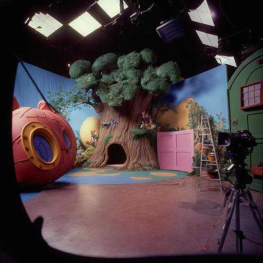 A photograph, taken on a medium format 100mp camera, with an ultra wide zeiss lens, it is super realistic, hyper real photorealistic, the colours of the set is brightly coloured like something you would see at Disney world, it is behind the scenes of film studio of a children’s television show, the tree is 6 metres tall and has ten huge branches spreading out 30 metres, the set is inspired by a tree house, there are many platforms on the tree house, each branch has five different houses built into it, there is a camera in the foreground and we can see the lighting grid in the ceiling. It has lots of lights pointed at it. We see incredible shadow and detail, it looks like a high resolution architecture render. There are three humans in the foreground, they are the film crew in the foreground preparing the film cameras. A person dressed in a squirrel costume is standing in the middle of the set.