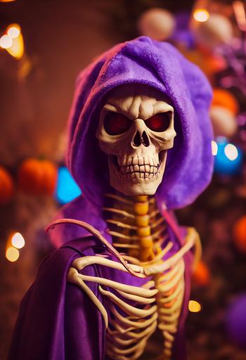 A photorealistic Skeletor at a Halloween house party, halloween decorations, candy buckets, DOF bokeh party --ar 2:3 --test --creative