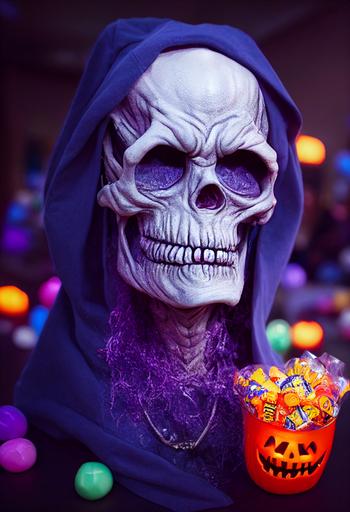 A photorealistic Skeletor at a Halloween house party, halloween decorations, candy buckets --ar 2:3 --test --creative