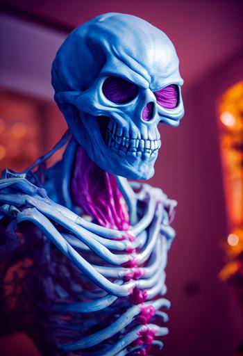 A photorealistic Skeletor at a Halloween house party, halloween decorations, candy buckets, DOF bokeh party --ar 2:3 --test --creative