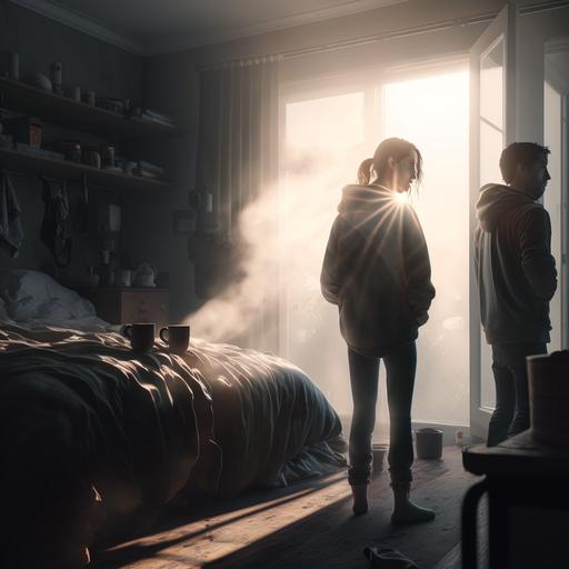 A photorealistic cinematic scene using Unreal Engine 5 Couple waking up in their bedroom having an arguement. Male and female. morning light. window light. Ultra Detailed. Soft volumetric lighting. Haze. Smoke.