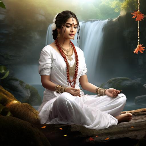 A photorealistic full picture of Brahmacharini sitting on a rock in meditation pose , wearing white saree, lotus flower necklace in neck n hand, holding rudraksh mala in another hand