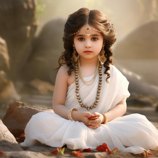A photorealistic full picture of a cute kid, Brahmacharini sitting on a rock in meditation pose , wearing white saree, a lotus flower necklace in neck n hand, holding rudraksh mala in another hand