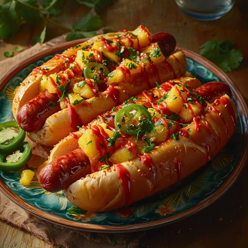 A photorealistic image of Hawaiian Dogs, perfect for a cookbook showcasing exotic and flavorful hotdog recipes. The image should feature four servings of this tropical twist on the classic hotdog, each combining the sweetness of pineapple with the savory taste of ham, complemented by the zesty flavor of Teriyaki sauce, and finished with the heat of grilled jalapeños. Arrange the hotdogs to showcase the harmonious blend of these diverse flavors, perhaps on a colorful, summery plate or a casual beach-style serving tray. Ensure there's ample space around the hotdogs for potential cropping. The background should evoke a tropical, relaxed vibe, focusing on the Hawaiian Dogs. Lighting should highlight the juicy brightness of the pineapple, the rich tones of the ham, the glossy Teriyaki sauce, and the charred jalapeños, making each hotdog look like an irresistible fusion of Hawaiian and classic hotdog flavors. --s 250 --v 6.0