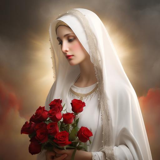 A photorealistic image of a beautiful Mother Mary who is wearing a crown, holding a bunch of red and white roses, wearing a modest long flowing white attire and a veil on her head with a heavenly background. v--7 s--750