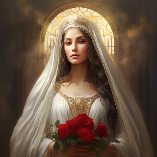 A photorealistic image of a beautiful divine Goddess who is wearing a crown, holding a bunch of red and white roses, wearing a modest long flowing white attire and a veil on her head with a heavenly backgrround. v--7 s--750