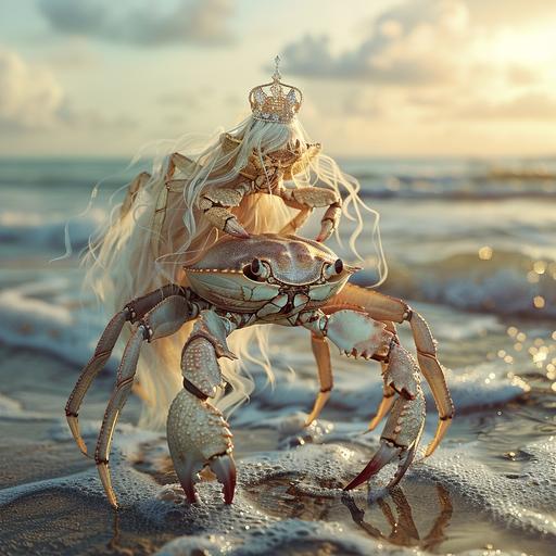A photorealistic image of a crab carrying another crab on its back. The crab being carried has long blond hair elegantly flowing down its shell and a sparkling princess crown perched atop. They stand on a sandy beach, with gentle waves lapping at their feet under a soft sunset light. Created Using: hyper-detailed realism, naturalistic colors, dynamic shadowing for depth, high-definition textures on the crabs' shells and hair, delicate detailing on the crown, ambient occlusion for enhanced realism, and a serene, pastel-colored sunset background, hd quality, natural look --ar 1:1 --v 6.0