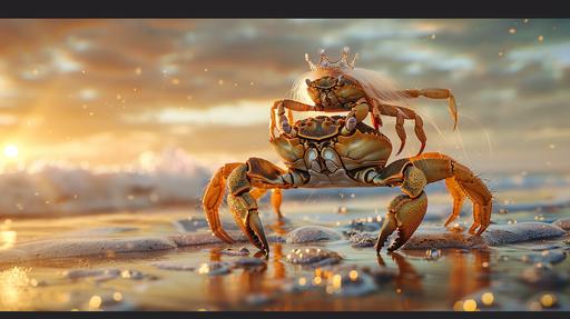 A photorealistic image of a crab carrying another crab on its back. The crab being carried has long blond hair elegantly flowing down its shell and a sparkling princess crown perched atop. They stand on a sandy beach, with gentle waves lapping at their feet under a soft sunset light. Created Using: hyper-detailed realism, naturalistic colors, dynamic shadowing for depth, high-definition textures on the crabs' shells and hair, delicate detailing on the crown, ambient occlusion for enhanced realism, and a serene, pastel-colored sunset background, hd quality, natural look --ar 16:9 --v 6.0