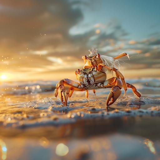 A photorealistic image of a crab carrying another crab on its back. The crab being carried has long blond hair elegantly flowing down its shell and a sparkling princess crown perched atop. They stand on a sandy beach, with gentle waves lapping at their feet under a soft sunset light. Created Using: hyper-detailed realism, naturalistic colors, dynamic shadowing for depth, high-definition textures on the crabs' shells and hair, delicate detailing on the crown, ambient occlusion for enhanced realism, and a serene, pastel-colored sunset background, hd quality, natural look --v 6.0 --ar 1:1
