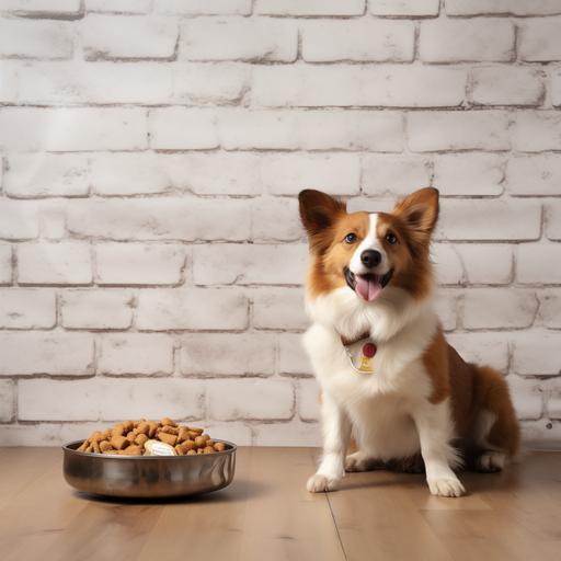 A photorealistic image of a dog sitting next to a bowl of dog food and a yellow bag of pet food against a white brick wall background.