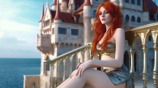 A photorealistic image of a gorgeous Nightcore Redhead Queen siting in the balcony of her opulent castle, in front of a sea, showing all her beauty and grace throughout a bikini made of gold silk. Outstanding beauty, tremendous details, anatomically perfect, tip-to-toe, ankles, calves, thighs, landscape oriented --c 23 --ar 3840:2160 --no cartoon, dress