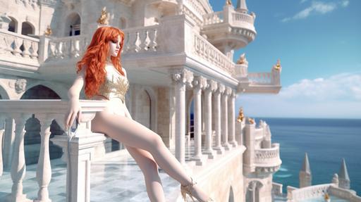 A photorealistic image of a gorgeous Nightcore Redhead Queen siting in the balcony of her opulent castle, in front of a sea, showing all her beauty and grace throughout her masterpiece bikini made of silk and white gold. Cinematic view, outstanding beauty, tremendous amount of details, anatomically perfect, tip--to-toe, ankles, calves, thighs, panoramic view, landscape oriented, ultra high definition. --c 13 --ar 3840:2160 --no cartoon, dress