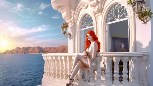 A photorealistic image of a gracious Nightcore Redhead Queen siting in the balcony of her opulent castle, in front of a sea, showing all her beauty and grace throughout her masterpiece shiny armor made of white gold. Cinematic view, outstanding beauty, tremendous amount of details, anatomically perfect, tip-to-toe, ankles, calves, thighs, panoramic view, landscape oriented, sunset --q 2 --style raw --ar 3840:2160 --no cartoon, dress, armor, cloth