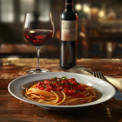 A photorealistic image of pasta with red tomato sauce on a plate on a table, accompanied by a glass of red wine. --v 6.0 --style raw