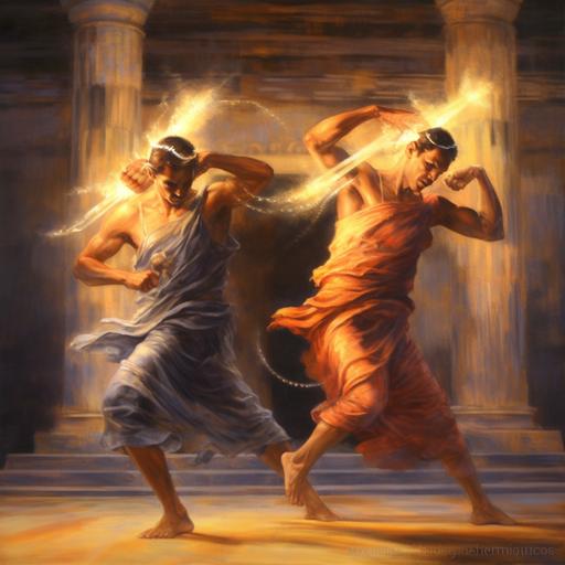 A photorealistic, mystical depiction of ancient Greek male athletes with loin clothes, competing in a chamber filled with dancing flames from oil lamps) 