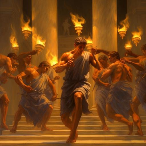 A photorealistic, mystical depiction of ancient Greek male athletes with loin clothes, competing in a chamber filled with dancing flames from oil lamps) 