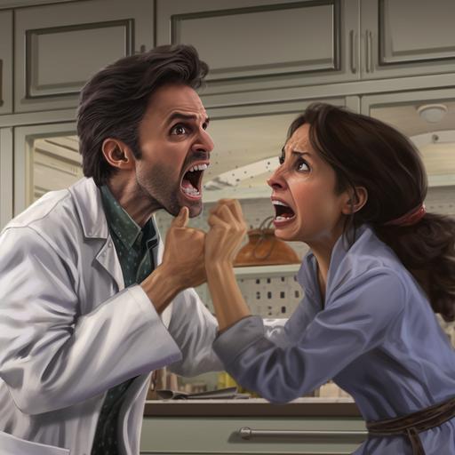 A photorealistic scene male doctor getting slapped in the face by an angry female parent with black hair and brown eyes.