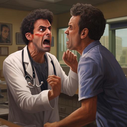A photorealistic scene male doctor getting slapped in the face by an angry parent with black hair and brown eyes.