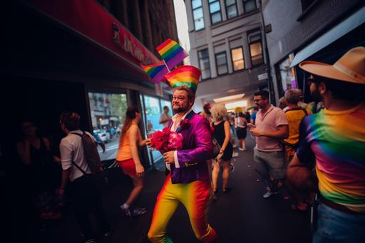 A photorealstic photo of this man in a gay pride outfit, in a rainbow shirt, and a rainbow hat, dancing down the streets of new york waiving a rainbow flag covered in rainbows. Use a Fujifilm X-T3 camera with a 35mm lens at F 1.2 aperture setting to create a moody and dramatic image. --ar 3:2