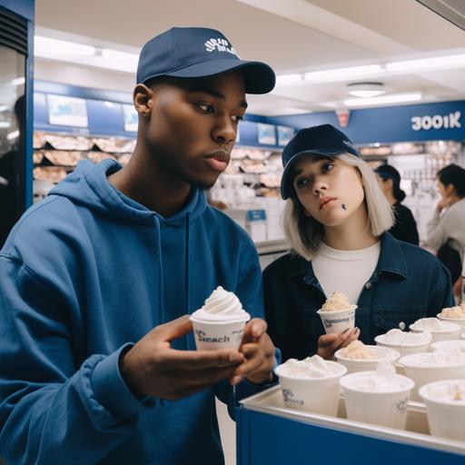A photoshoot inside of a rite aid with a diverse young gen z cast all wearing dark blue tshirts, sweatshirts or white t shirts with dark blue hats walking around a rite aid while eating ice cream shot in the style of aime leon dore studio lit 8k --v 5.0