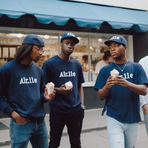 A photoshoot outside of a rite aid with a diverse young gen z cast all wearing dark blue tshirts, sweatshirts or white t shirts with dark blue hats walking around a rite aid while eating ice cream shot in the style of aime leon dore studio lit 8k --v 5.0