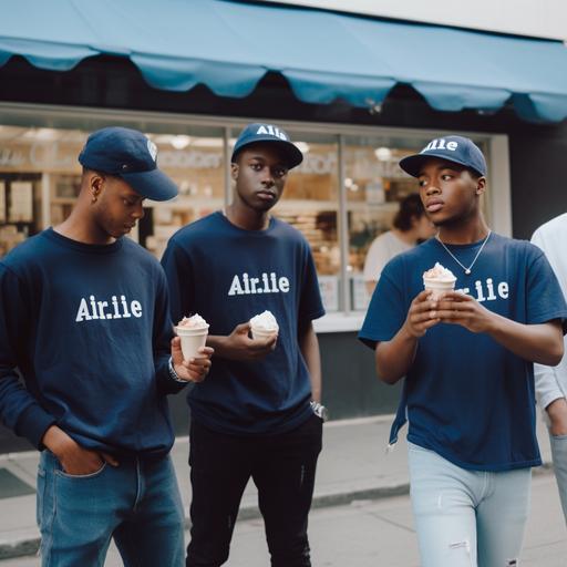 A photoshoot outside of a rite aid with a diverse young gen z cast all wearing dark blue tshirts, sweatshirts or white t shirts with dark blue hats walking around a rite aid while eating ice cream shot in the style of aime leon dore studio lit 8k --v 5.0