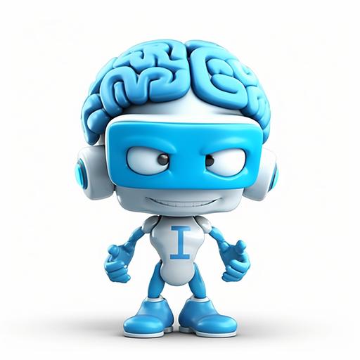 A picture of a mascot for a news channel: an animated brain with arms, legs, eyes, and a mouth resembling a person, with technological features to make it appear computer-like. The colors used are blue, gray, black, and bright white to suggest a futuristic and modern look. The image should be vibrant and engaging, with the mascot standing confidently and conveying a sense of intelligence and innovation. --s 1000 --c 100