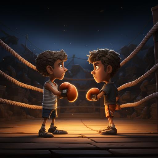 A picture of two cartoon characters ,influenced by Al Jaffe, wearing cargo shorts, one character has zippers on their shorts and one character has buttons on their shorts; they are in a boxing ring about to fight. Realistic scene with dark background.