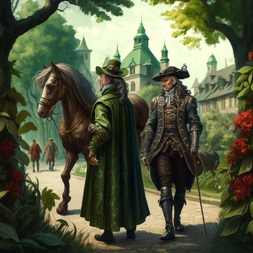 A picture of two man with baroque costumes walking and talking to eatch other at the medievial city, in summer, the trees a re green and flowers are blooming, medievial baroque men and women, horses and carrieges are in the background.