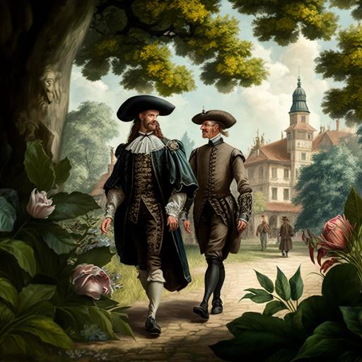 A picture of two man with baroque costumes walking and talking to eatch other at the medievial city, in summer, the trees a re green and flowers are blooming, medievial baroque men and women, horses and carrieges are in the background.