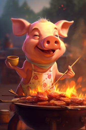 A pig who is eating a BBQ, cartoon style, colorful, --ar 2:3