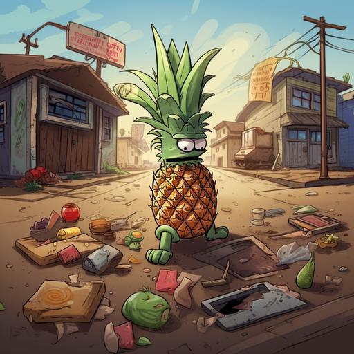 A pineapple gangster cartoon with a face and legs and arms on the side of the street in a bad neighborhood with trash everywhere and busted buildings cartoon