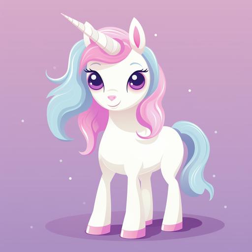 A pink cute tall unicorn , white tail, her hooves are teal, her horn is purple, children's book illustration style, simple, cute, pixar style, full color, flat color, no outline
