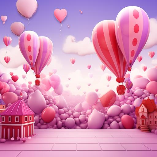 A pink, red and lavender background with pink and lavender cartoon 3D Balloons