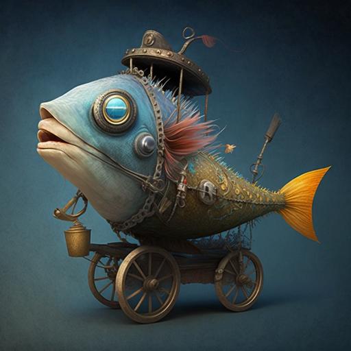 A pirate fish riding a tricicle