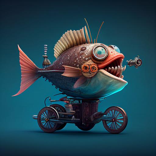 A pirate fish riding a tricicle